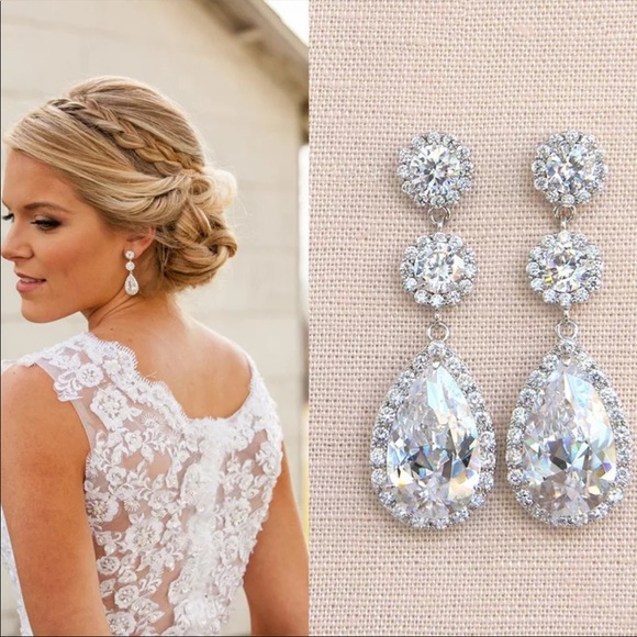 Jewelry - 925 STERLING SILVER DIAMOND PEAR EARRINGS, NICE EARRINGS, CUTE EARRINGS
